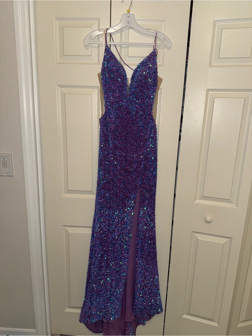 purple sequin prom dress with corset/tie back and slit